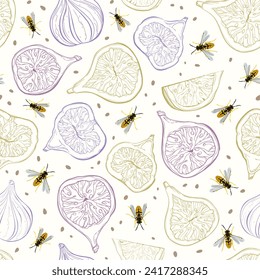 Seamless vector pattern with outline fig fruits and wasps. Fruit background.