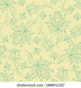 Seamless vector pattern with outline flowers on cream white background. Simple tropical floral wallpaper design. Romantic garden fashion textile texture.