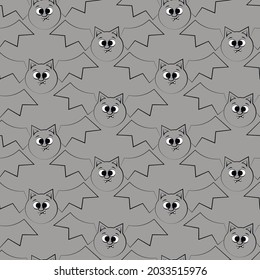 Seamless vector pattern with outline gray cute cartoon bat