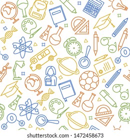 Seamless vector pattern with outline icons symbolizing education, school, science, study, learning. Back to school vector illustration and background