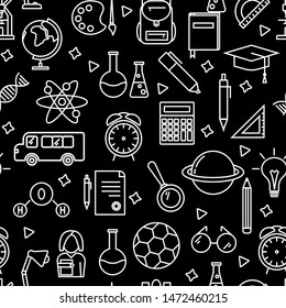 Seamless vector pattern with outline icons symbolizing education, school, science, study, learning on black background. Back to school vector illustration and background