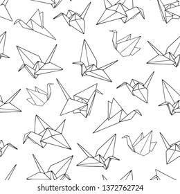 Seamless vector pattern with outline illustration of the origami paper crane bird.