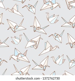 Seamless Vector Pattern With Outline Illustration Of The Origami Paper Crane Bird.