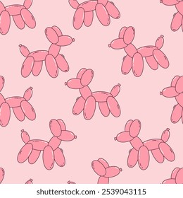 Seamless vector pattern with outline illustration of pink balloon poodle. Y2k cute background with bubble dog. Geometric toy texture for wallpaper, wrapping paper, textile, trendy design