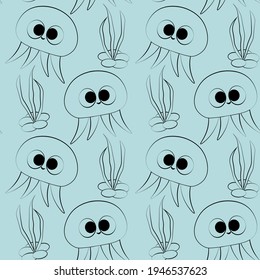 Seamless vector pattern with outline of jellyfish and seaweed