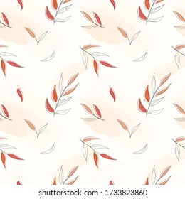 seamless vector pattern with outline leaves and branches. creative artistic backdrop on a light background with hand drawn leaves and branches, with watercolor stains. delicate background with plants