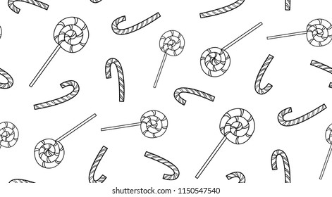Seamless vector pattern with outline lollipops. Objects isolated on white background