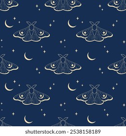 Seamless vector pattern with outline night moths on dark blue background with stars and crescent moon