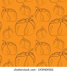 Seamless vector pattern with outline orange pumpkin