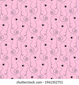 Seamless vector pattern with outline pink seahorse