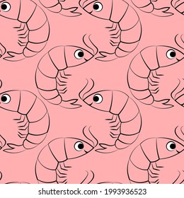 Seamless vector pattern with outline pink cute shrimp