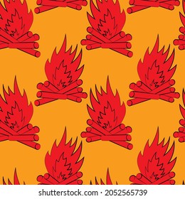 Seamless vector pattern with outline red bonfire