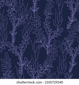 Seamless vector pattern with outline seaweeds on deep blue background. Hand-drawn sketch. Line art. Good print for wrapping paper, textile, packaging design