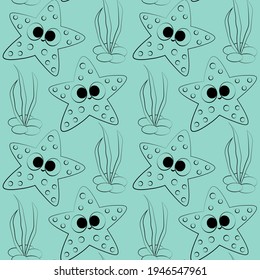 Seamless vector pattern with outline starfish and seaweed