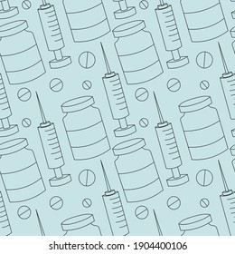 Seamless vector pattern with outline syringe and vaccine