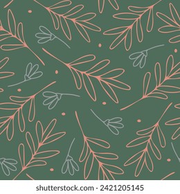 Seamless vector pattern with outline twigs on green background. Simple hand drawn floral wallpaper design. Decorative flower branch fashion textile.