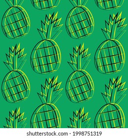 Seamless vector pattern with outline yellow pineapple