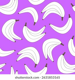 Seamless vector pattern with outlined bananas on purple background. Clean banana background with fun tropical vibe.