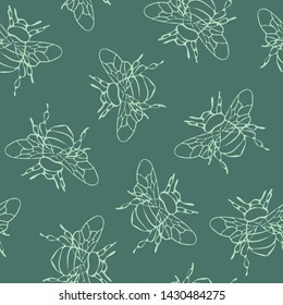 Seamless vector pattern with outlined bees on teal blue background. Simple bumblebee line art wallpaper design. Ideal for fashion, textile, fabric.