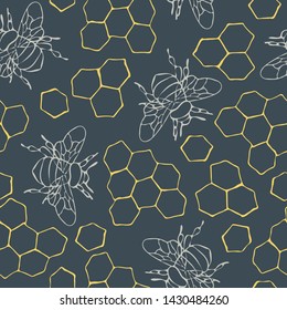 Seamless Vector Pattern With Outlined Honeycomb And Bumblebees On Teal Blue Background. Liner Art Bee Wallpaper Modern Design. Simple Organic Fashion Textile.