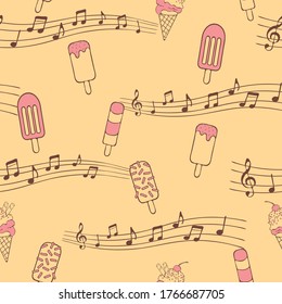 Seamless vector pattern with outlined ice creams on pink background. Party treats wallpaper design with music notes. Fun fashion fabric for children.