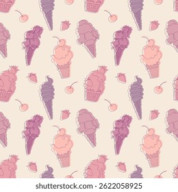 Seamless vector pattern with outlined ice cream cones and berries on a soft pink background. Minimalist line art, playful and sweet. Ideal for packaging, textile prints, digital wallpapers