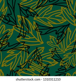 Seamless vector pattern with outlined leaves on green background. Simple abstract nature textured wallpaper design.