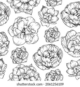 Seamless vector pattern with  outlined peony tulips on white background. Beautiful floral texture.