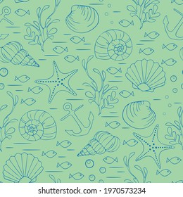 Seamless vector pattern with outlined seashells on green background. Simple underwater wallpaper design. Decorative aquatic fashion textile.