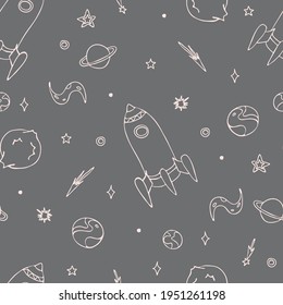 Seamless vector pattern with outlined spaceship on grey background. Decorative space wallpaper design for children. Hand drawn galaxy fashion textile.