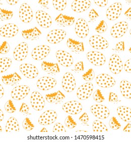 Seamless vector pattern with outlined spotty yellow eggs on white background. Simple kitchen decoration design with egg.