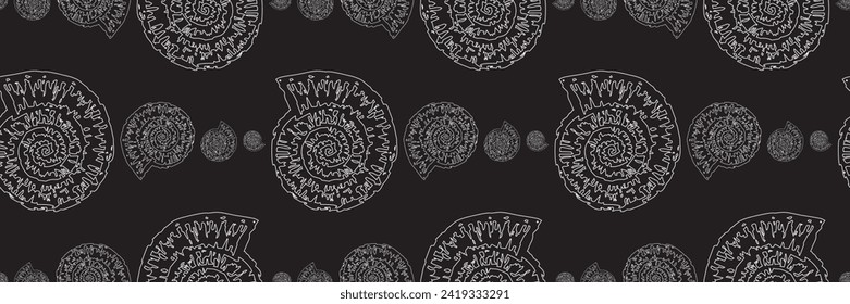 Seamless vector pattern of outlines abstract decorative fossil mollusk, background for textile,paper