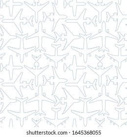 Seamless vector pattern with outlines of passenger airplanes on white background. Can be used for graphic design, textile design or web design.