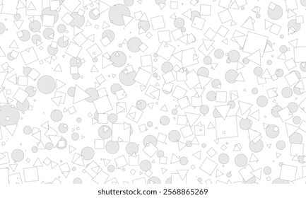 A seamless vector pattern with overlapping circles, squares, and triangles in various colors and sizes, fully covering the background for a playful and modern look.