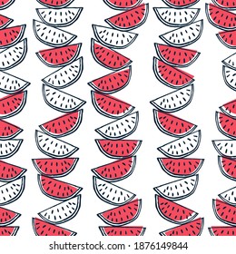 Seamless vector pattern. Overlapping sliced watermelons. Fun print for fabrics or wrapping paper. Summer fruit, super refreshing and sweet. Theme: kitchen, food, citrus, pink, red, lines.