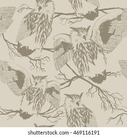 seamless vector pattern with owl, Silhouettes of owls and trees 