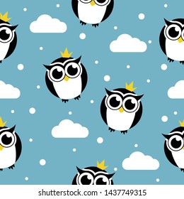 Seamless vector pattern with owls and clouds on blue background. Childish background for postcards, wallpaper, papers, textiles.