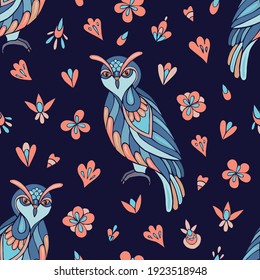 Seamless vector pattern of owls and flowers. Suitable for packaging, fabrics, wallpapers and simple colorings. 