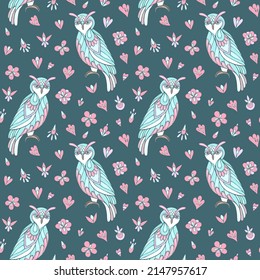 Seamless vector pattern of owls and flowers. Suitable for packaging, fabrics, wallpapers and textile.