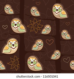 Seamless vector pattern with owls and forest trees