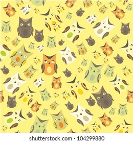 Seamless vector pattern with owls on yellow background