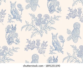 Seamless vector pattern with owls and thistle flowers