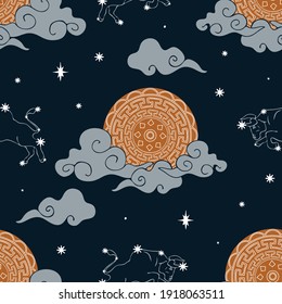 Seamless vector pattern with ox zodiac sky on dark blue background. Horoscope symbol wallpaper design with Chinese moon. Mystical space fashion textile.