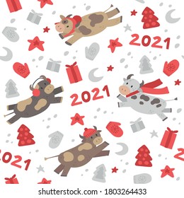 Seamless vector pattern with oxes - symbol of 2021 year and Christmas and New year elements. Vector texture with cows, Christmas gifts, trees, stars and mittens on white background