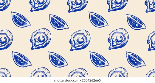 Padrão vetorial contínuo com ostras e quartos de limão em estilo de tinta azul sobre fundo bege. Elegante desenho de frutos do mar desenhado à mão com vibe de verão costeira mediterrânea La Dolce Vita.