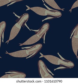 seamless vector pattern with a pack of small mermaids at the depth of the ocean, a pattern in monochrome colors