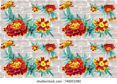 seamless vector pattern painted brightly colored marigolds nasturtium black-clover on a background of beige brick wall