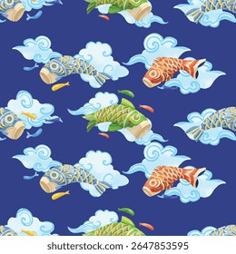 Seamless vector pattern of a painted koi fish, perfect for nature-themed backgrounds, textiles, and stationery. Artistic, vibrant, and easily customizable.