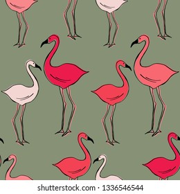 Seamless vector pattern with painted pink Flamingos. Ink drawing. Can be used for wallpaper, textile, invitation card, wrapping, web page background.