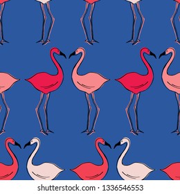 Seamless vector pattern with painted pink Flamingos. Ink drawing. Can be used for wallpaper, textile, invitation card, wrapping, web page background.